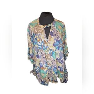 Umgee Floral Keyhole Blouse - Multicolor